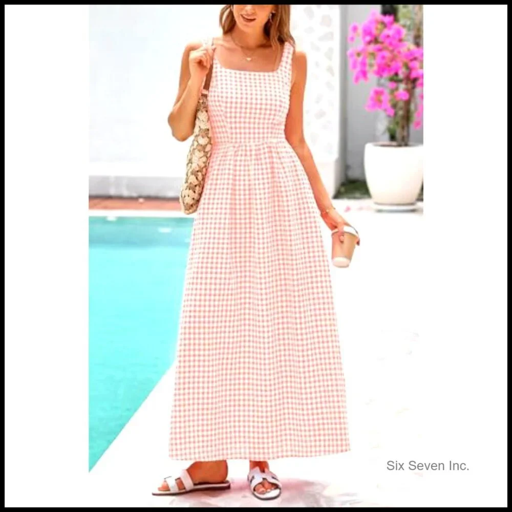 Plaid Maxi Sundress Square Neck Spaghetti Strap A-Line Smocked Back Pockets - Picture 3 of 7
